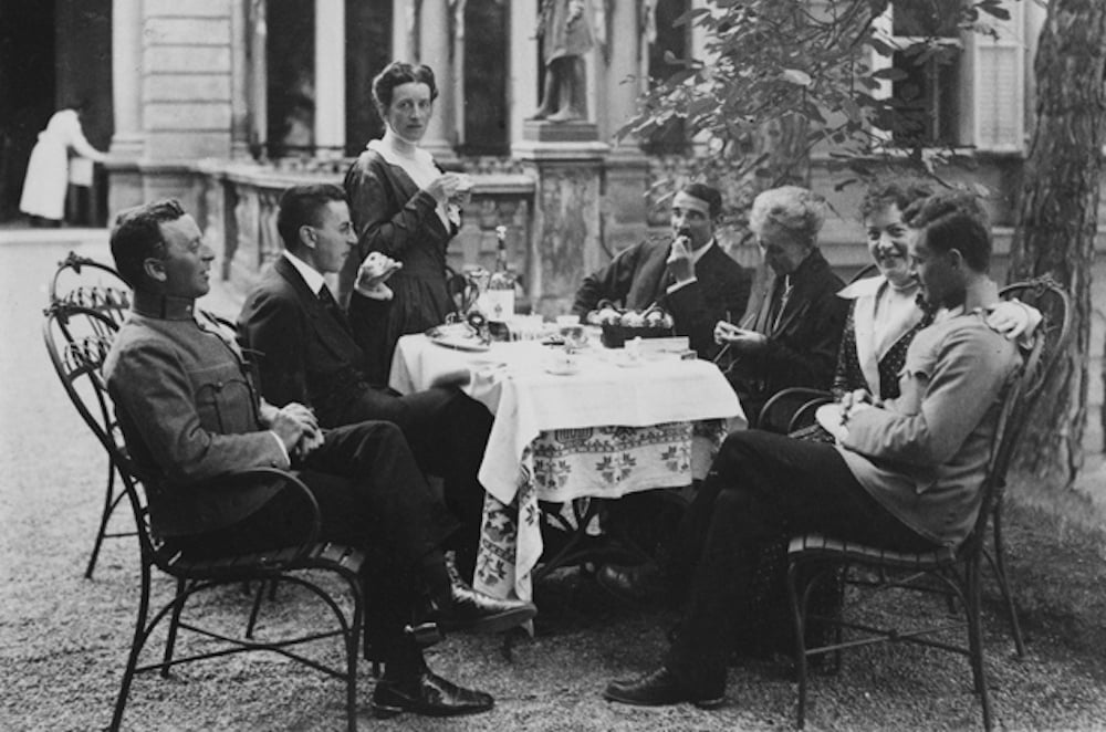 The Wittgenstein family in Vienna, summer 1917. From left, siblings Kurt, Paul, and Hermine Wittgenstein; their brother-in-law, Max Salzer; their mother, Leopoldine Wittgenstein; Helene Wittgenstein Salzer; and Ludwig Wittgenstein.