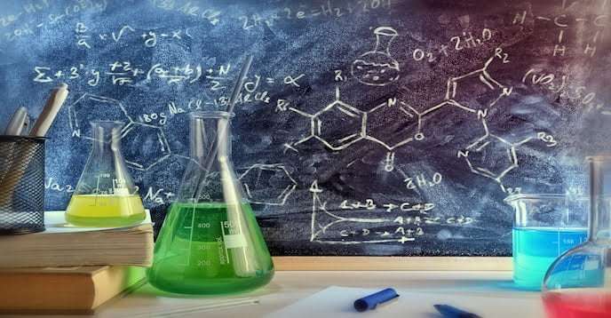 Classroom Desk And Drawn Blackboard Of Chemistry Teaching General View